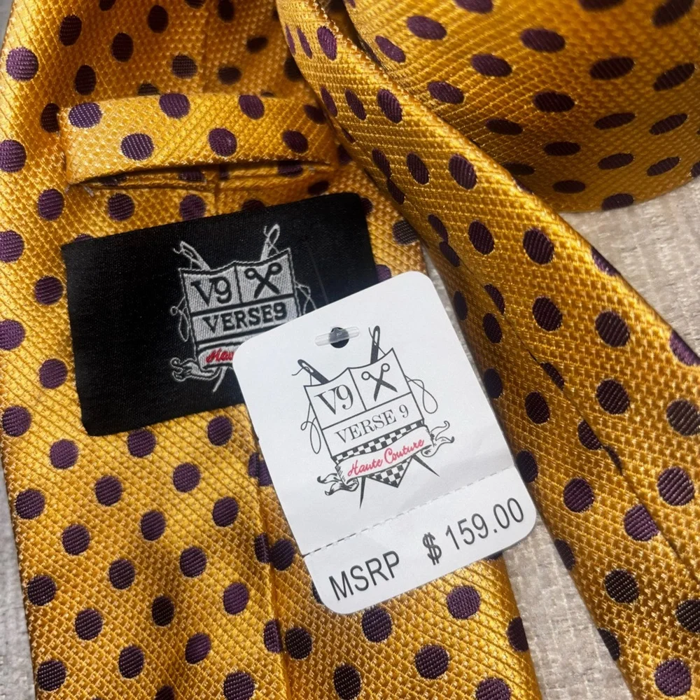 Verse 9 NWT Gold Purple Polka Dot Silk Tie Handsome Office Classy Dapper Necktie